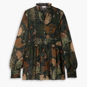 Lafayette 148 Silk Embroidered Babydoll Blouse Black Rust Gold | S